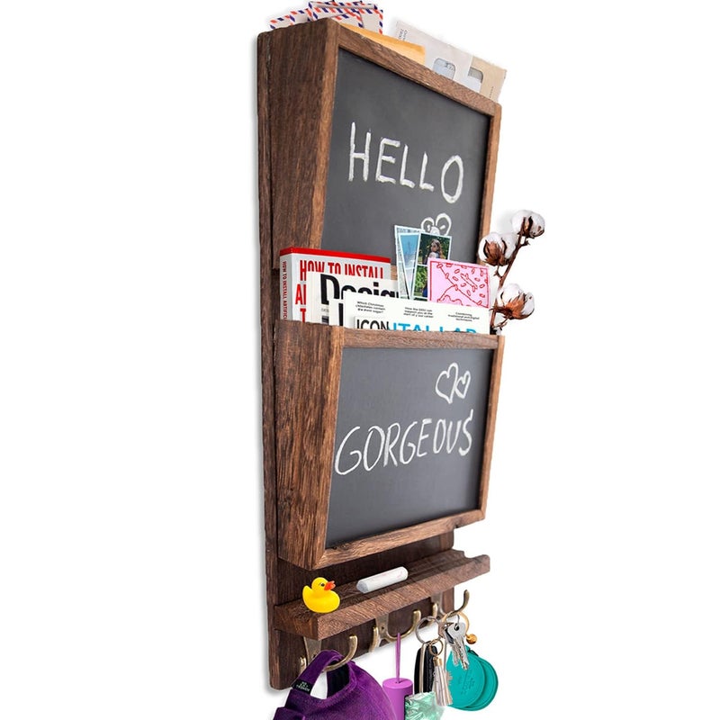 Comfify Rustic 2-Slot Mail Sorter Organizer for Wall with Chalkboard Surface & 3 Double Key Hooks - Wooden Wall Mount Mail Holder Organizer â€“ Entryway Made of Paulownia Wood - Torched Brown - Image 1